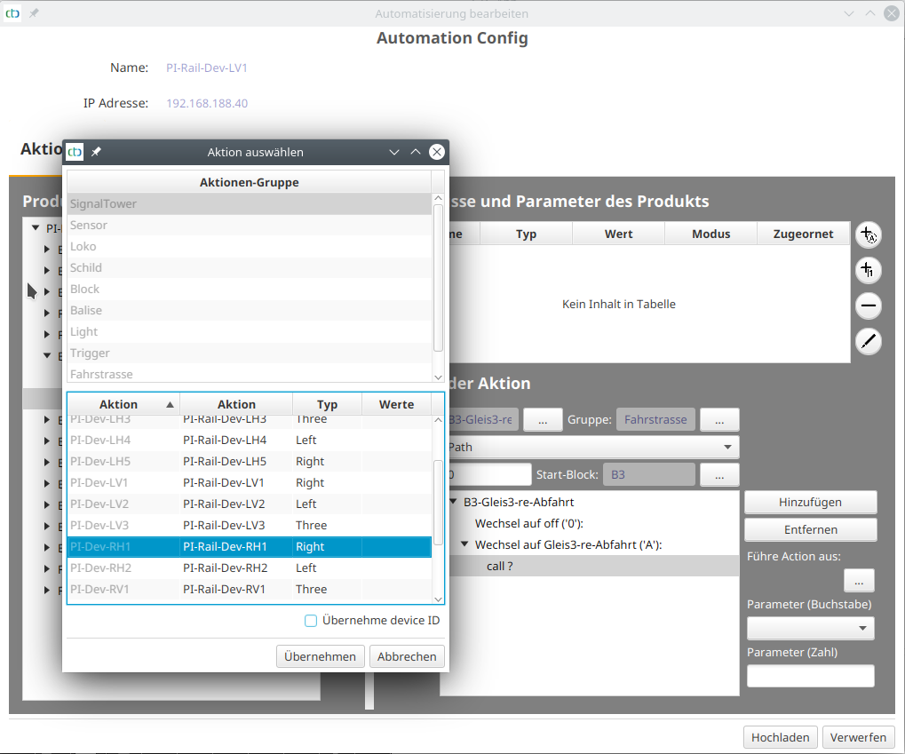 End-Block der Fahrstrasse auswählen